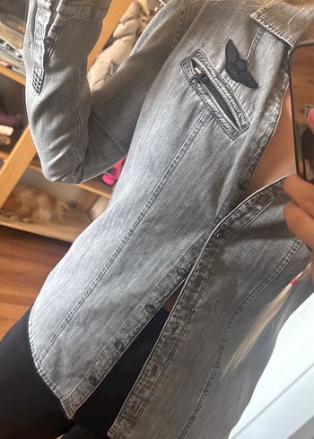 Gri Kadın Denim Ceket, Kemer Detaylı - Görsel 4