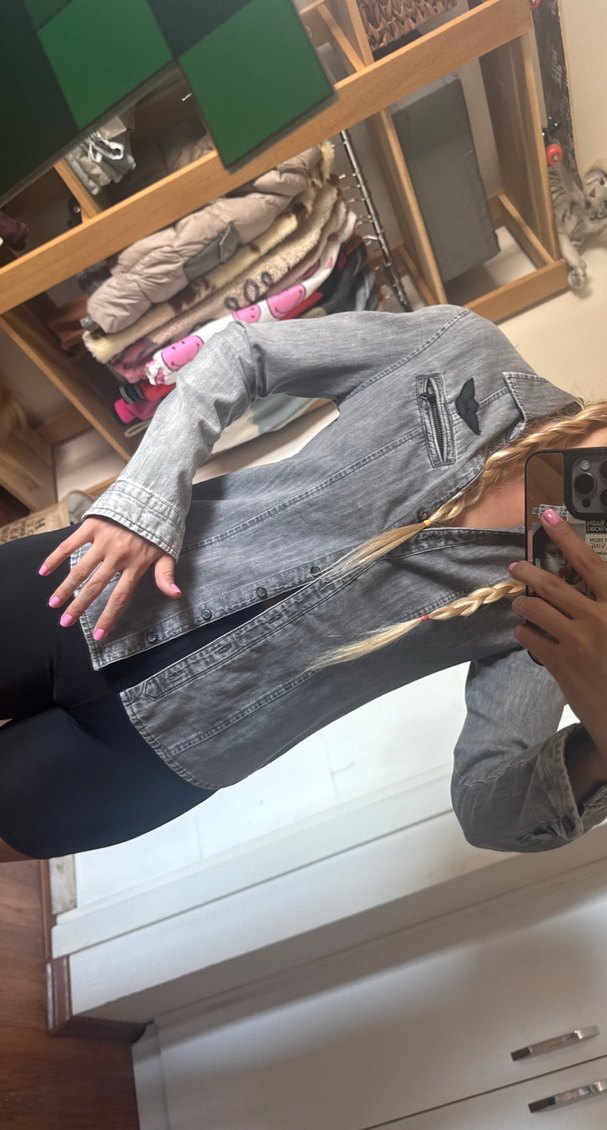 Gri Kadın Denim Ceket, Kemer Detaylı - Görsel 2