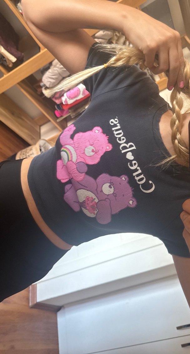 Pembe Baskılı Kısa Kollu Crop Top - Görsel 3