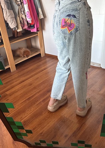 Gri Baskılı Bol Kesim Midi Kadın Kot Pantolon - Görsel 5