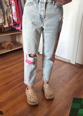 Gri Baskılı Bol Kesim Midi Kadın Kot Pantolon - Görsel 6