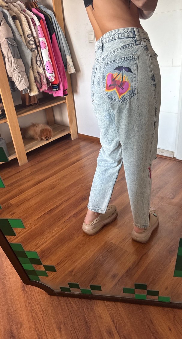 Gri Baskılı Bol Kesim Midi Kadın Kot Pantolon - Görsel 5