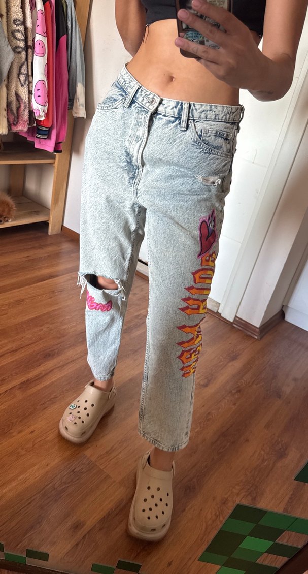 Gri Baskılı Bol Kesim Midi Kadın Kot Pantolon - Görsel 2