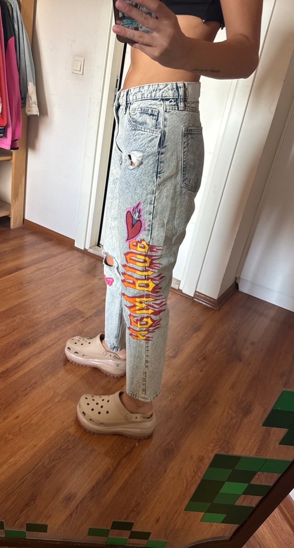 Gri Baskılı Bol Kesim Midi Kadın Kot Pantolon - Görsel 3