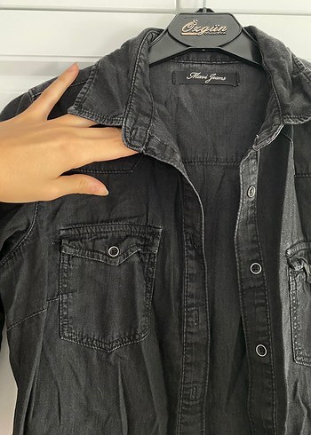 Siyah Denim Gömlek Elbise - Görsel 5