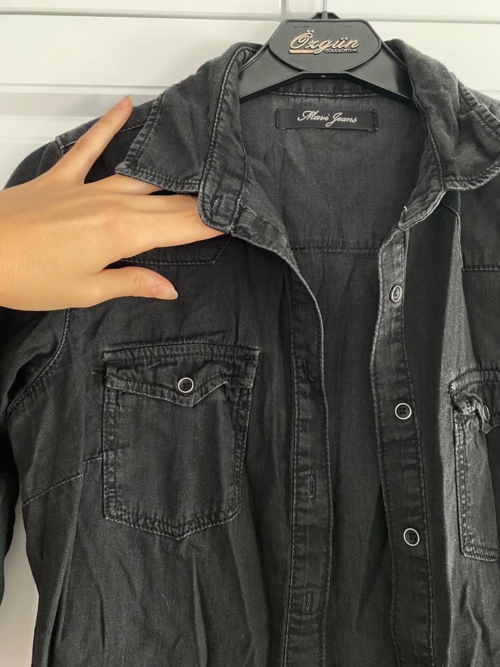 Siyah Denim Gömlek Elbise - Görsel 5