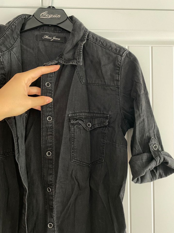 Siyah Denim Gömlek Elbise - Görsel 2