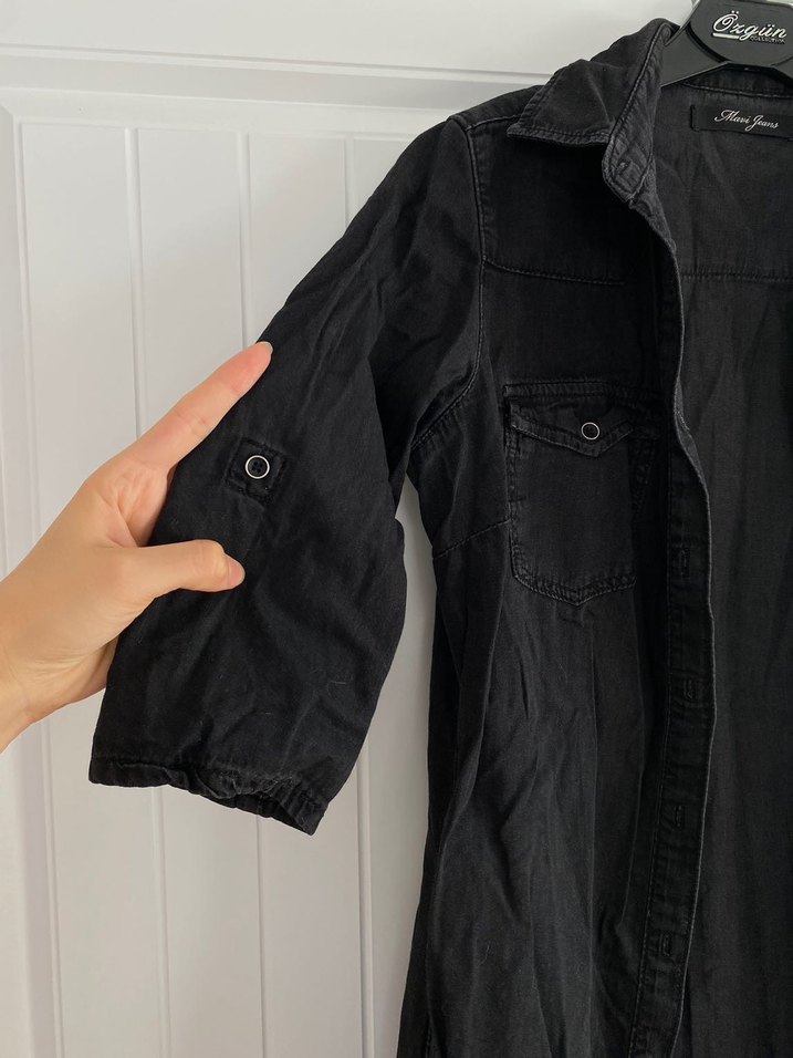 Siyah Denim Gömlek Elbise - Görsel 3