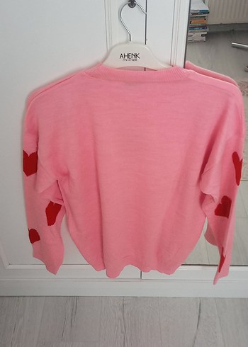 Pembe Kalp Desenli Kadın Triko Kazak - Görsel 3