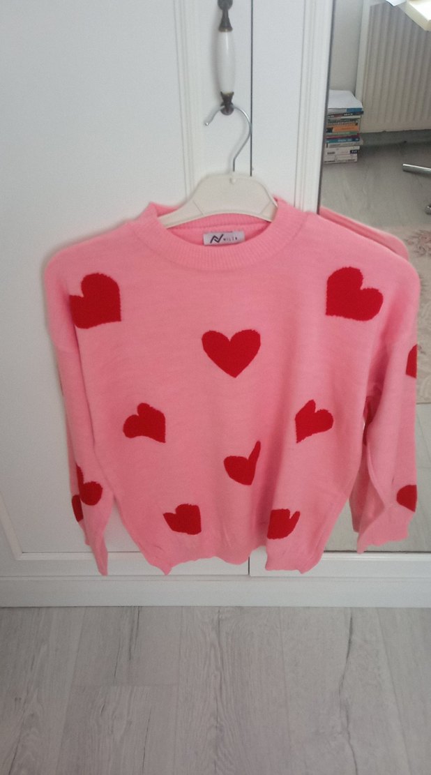 Pembe Kalp Desenli Kadın Triko Kazak - Görsel 2