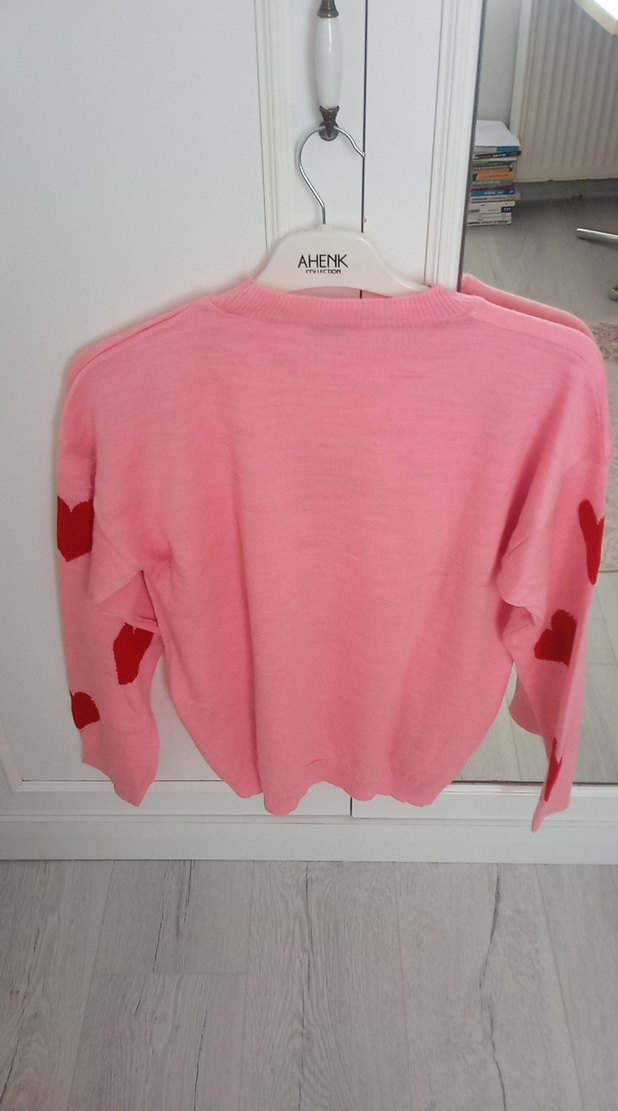 Pembe Kalp Desenli Kadın Triko Kazak - Görsel 3