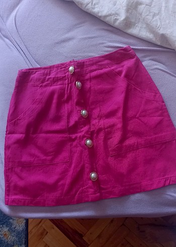 Düğmeli Pembe Mini Etek
