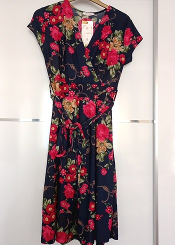 Çiçek Desenli V Yaka Midi Elbisesi - Görsel 2