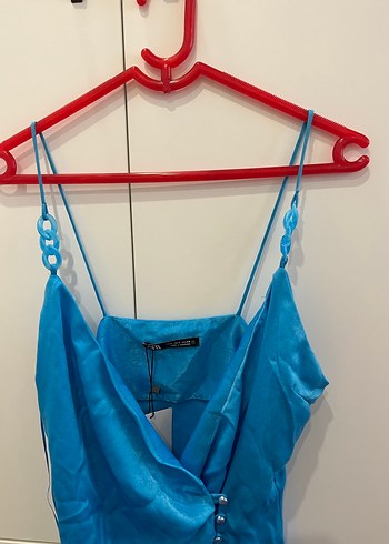 Mavi V Yaka Drapeli Mini Elbise - Görsel 4