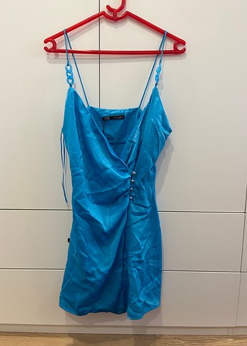 Mavi V Yaka Drapeli Mini Elbise - Görsel 7