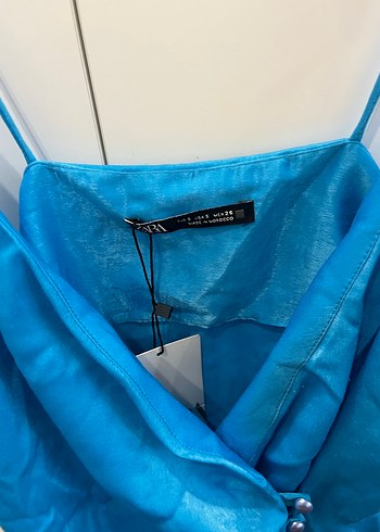 Mavi V Yaka Drapeli Mini Elbise - Görsel 6