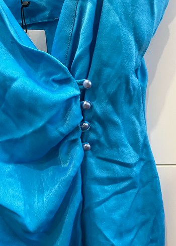 Mavi V Yaka Drapeli Mini Elbise - Görsel 5