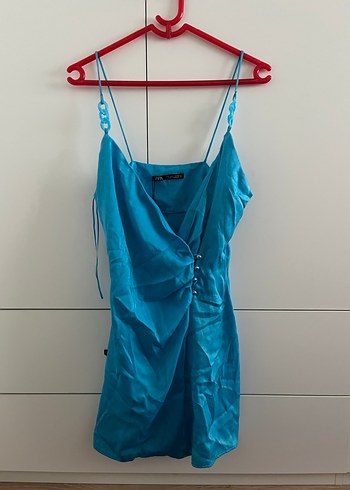 Mavi V Yaka Drapeli Mini Elbise - Görsel 3