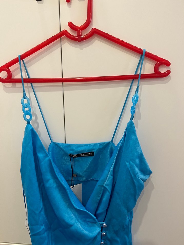 Mavi V Yaka Drapeli Mini Elbise - Görsel 4