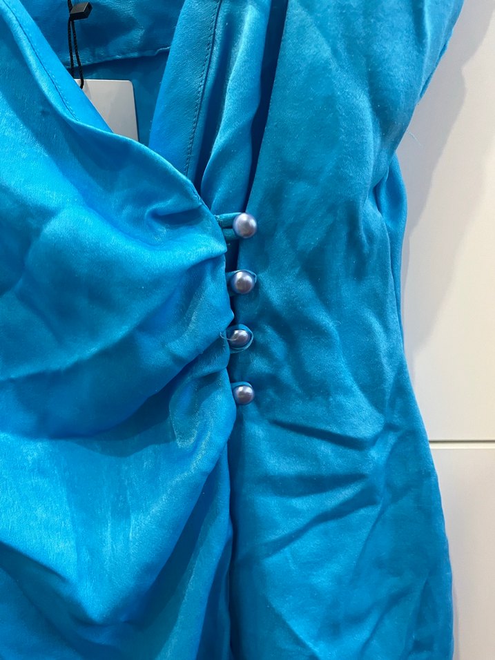 Mavi V Yaka Drapeli Mini Elbise - Görsel 5