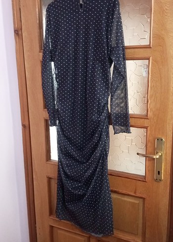 Lacivert Puantiyeli Uzun Kollu Uzun Elbise - Görsel 3