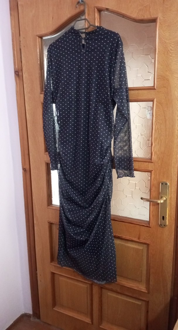 Lacivert Puantiyeli Uzun Kollu Uzun Elbise - Görsel 3