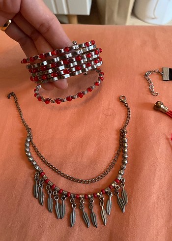 Kırmızı bordo İşlemeli Boncuklu Bohem takı seti - Görsel 2