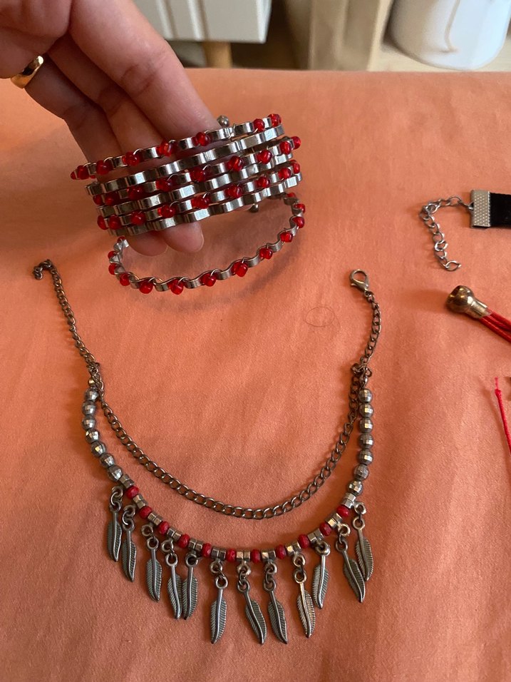 Kırmızı bordo İşlemeli Boncuklu Bohem takı seti - Görsel 2