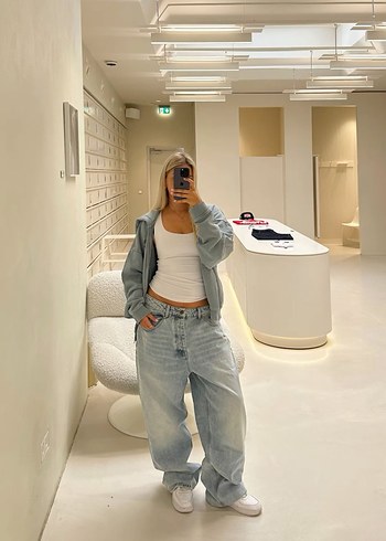 Gri Loose Fit Midi Denim Kadın Jean