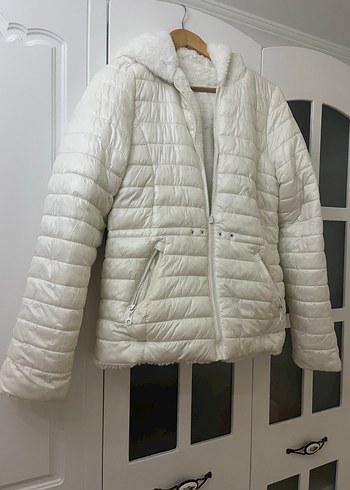 l Beden Beyaz Kürk Detaylı Midi Kadın Mont çift taraflı M/L