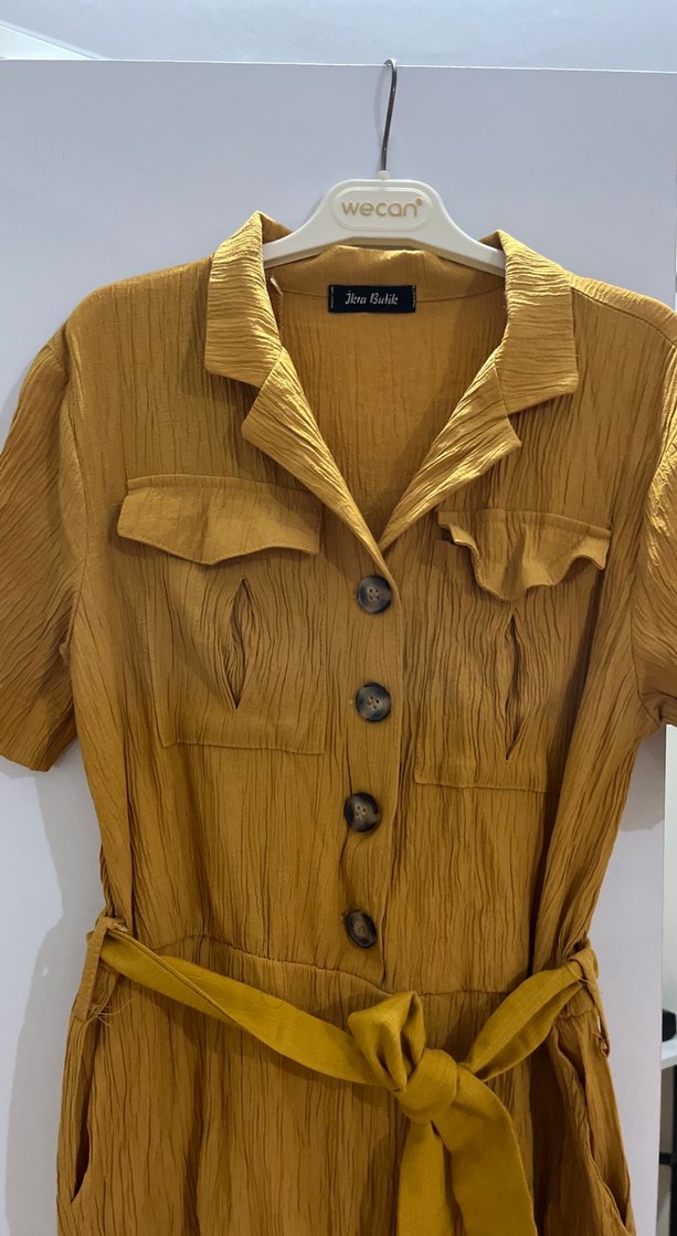 Sarı Kemerli Midi Rahat Kadın Elbise - Görsel 3