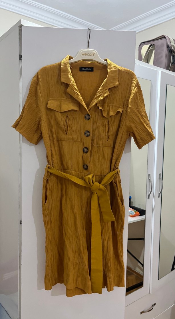 Sarı Kemerli Midi Rahat Kadın Elbise - Görsel 2