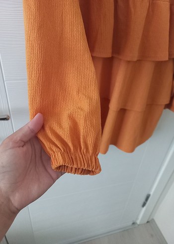 xl Beden turuncu Renk Diger Kadın Keten Uzun Kollu Volanlı Tunik