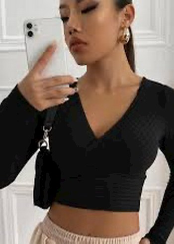 Sheinside SHEIN siyah v yaka uzun kollu crop M beden