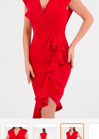 Kırmızı V Yakalı Midi Abiye Elbise - Görsel 2