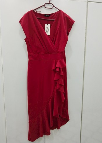 Kırmızı V Yakalı Midi Abiye Elbise - Görsel 7