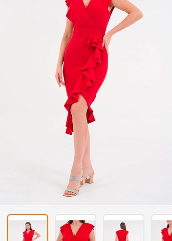 Kırmızı V Yakalı Midi Abiye Elbise - Görsel 3