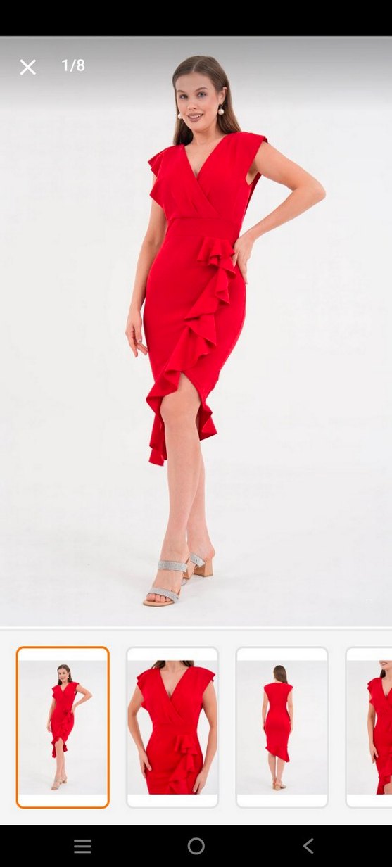 Kırmızı V Yakalı Midi Abiye Elbise - Görsel 3