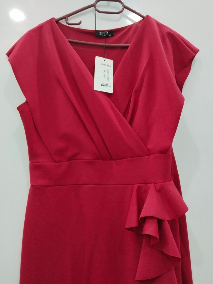 Kırmızı V Yakalı Midi Abiye Elbise - Görsel 4