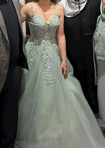 Yaprak  İşlemeli Uzun Turkuaz Abiye - Görsel 2