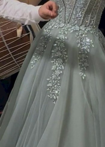 Yaprak  İşlemeli Uzun Turkuaz Abiye - Görsel 3