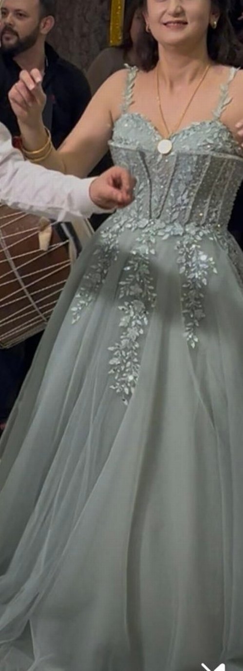 Yaprak  İşlemeli Uzun Turkuaz Abiye - Görsel 3