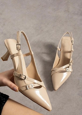 Bej Kadın Stiletto Topuklu Tokalı Ayakkabı - Görsel 2