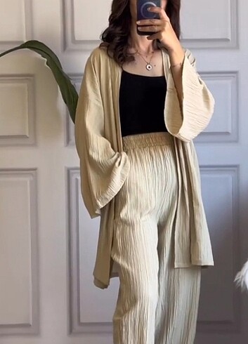 l Beden ten rengi Renk Bej gofre kumaş kimono takım