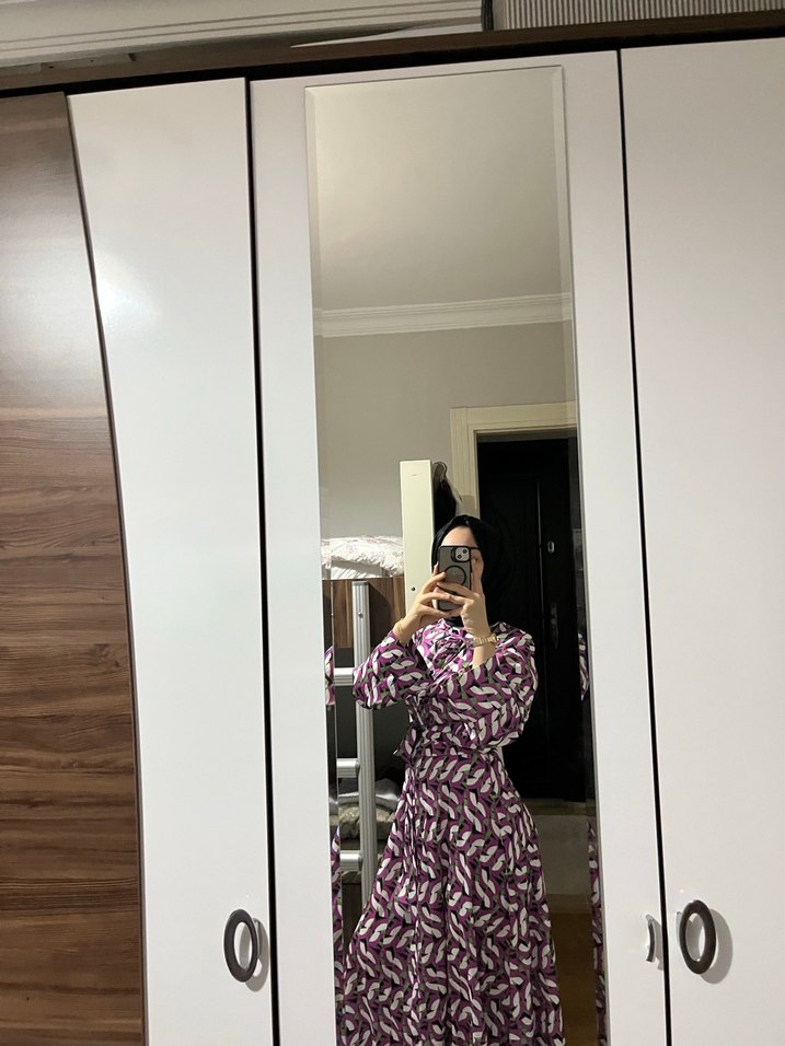 Uzun Kollu, Salaş Kesim, Mor Batik Elbise - Görsel 2