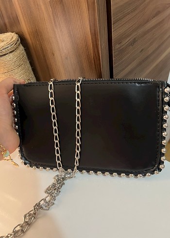 Zincir Detaylı Siyah Deri Gotik Kadın Çanta - Görsel 3