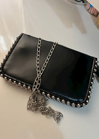 Zincir Detaylı Siyah Deri Gotik Kadın Çanta - Görsel 2