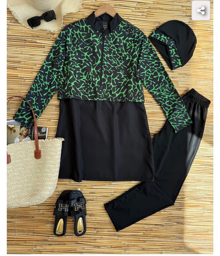 Yeşil Yılan Desenli Uzun Kollu Fermuarlı Mayo - Görsel 2