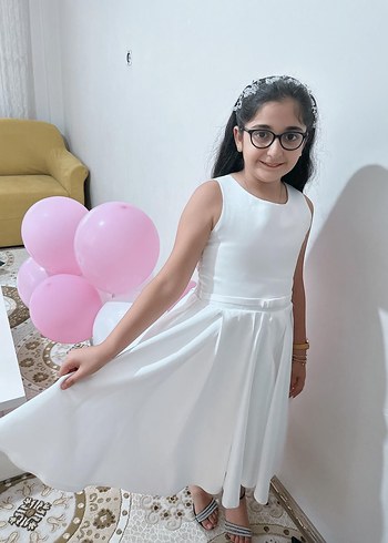 12-13 Yaş Beden beyaz Renk Beyaz Askılı Klasik Çocuk Elbisesi