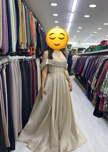 Bej Drapeli Uzun Abiye Elbise - Görsel 2